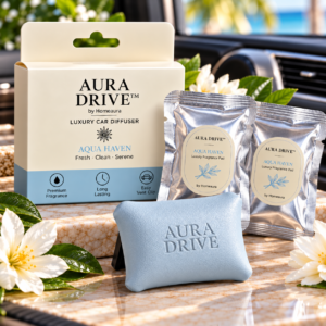 Aura Drive Aqua Haven luxury car fragrance diffuser by Homeaura with two sealed fragrance pads and blue vent clip
