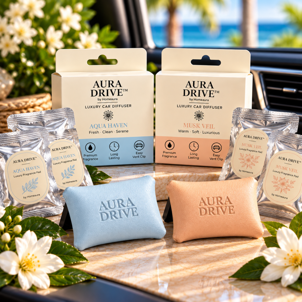 Aura Drive luxury car diffuser duo by Homeaura featuring Aqua Haven and Musk Veil with fragrance pads and vent clip diffusers.