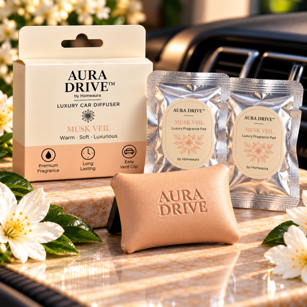 Aura Drive Musk Veil luxury car fragrance diffuser by Homeaura with two fragrance pads